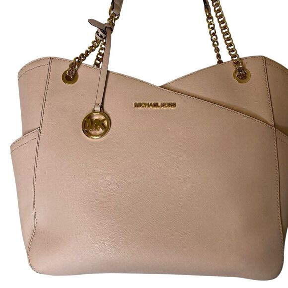 Michael Kors Jet Set Shoulder Tote Bag Powder Blush Pink Leather Large Chain - Picture 3 of 16